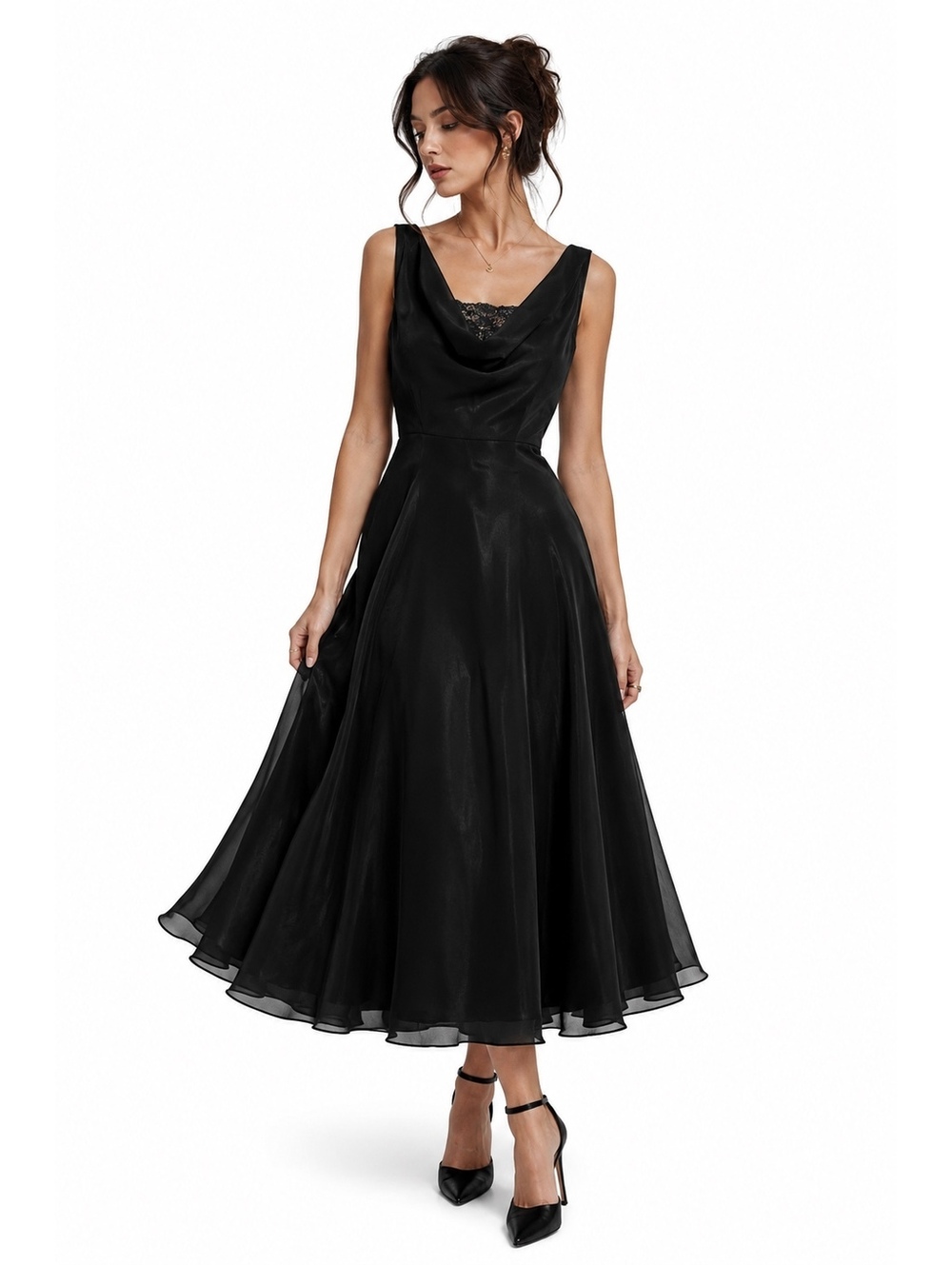 JS Boutique Black Chiffon Cowl Neck Midi Cocktail Dress Beaded Lace Size 4